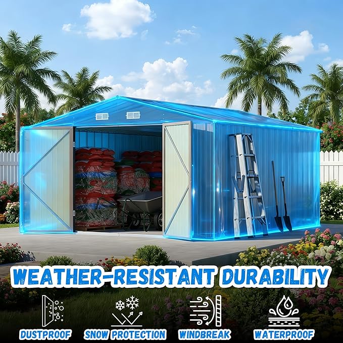 Greesum 10x12FT Outdoor Storage Shed, Utility Tool Shed with Sloping Roof, Metal Storaged Garden Shed with Door & Lock for Patio Storage, Brown