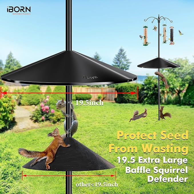iBorn Squirrel Baffle for Bird Feeder Pole, 19.5” Oversized Squirrel Guard Baffle,All Metal Bird Feeder for Outdoors Protector, Pack of 2, Black