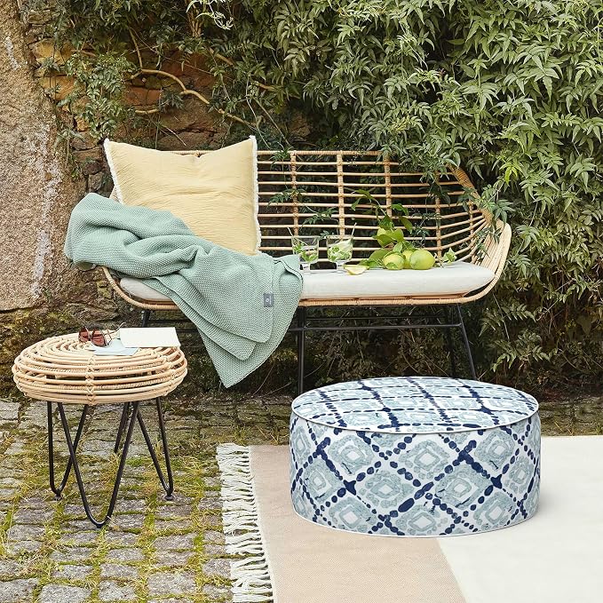 LVTXIII Inflatable Stool Ottoman Footrest with Handle, Decorative Fade-Resistant Foot Stool, Indoor or Outdoor Pouf for Home Garden and Camping Use, 21x21x9, Boho Geometry Blue