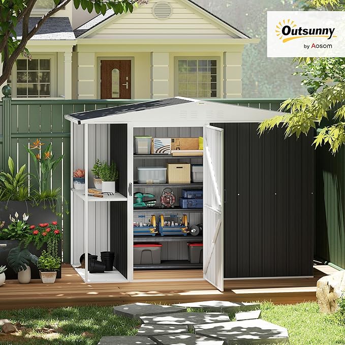 Outsunny 8 x 4ft Outdoor Storage Shed with Lock, 2-Tier Storage Rack, Air Vents, Garden Tool Shed for Backyard, Patio, Lawn, Dark Gray