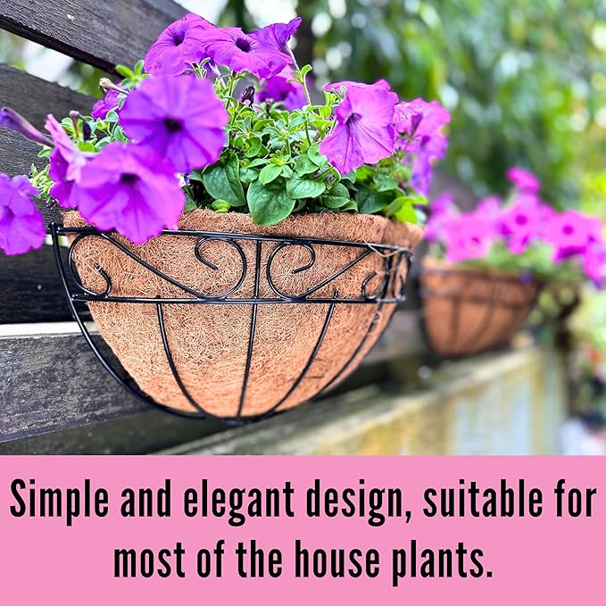LaLaGreen Bundle- 2 Pack, 16 Inch Metal Basket with Coco Liner + 2 Pack, 16 Inch Half Round Coco Liner Insert Replacement Window Hanging Flower Pot Outdoor Plants Holder Rail Fence Balcony Porch Decor