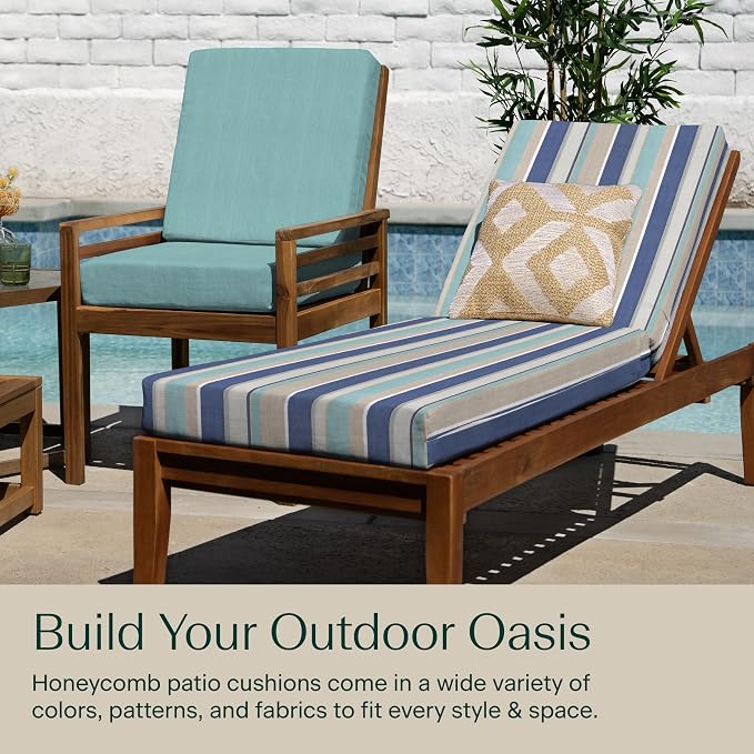 Honeycomb Outdoor Chaise Lounge Cushion for Patio Furniture, Water & Fade Resistant, Removable Cover, 21.5 x 70, Heritage Stripe Blue & Beige