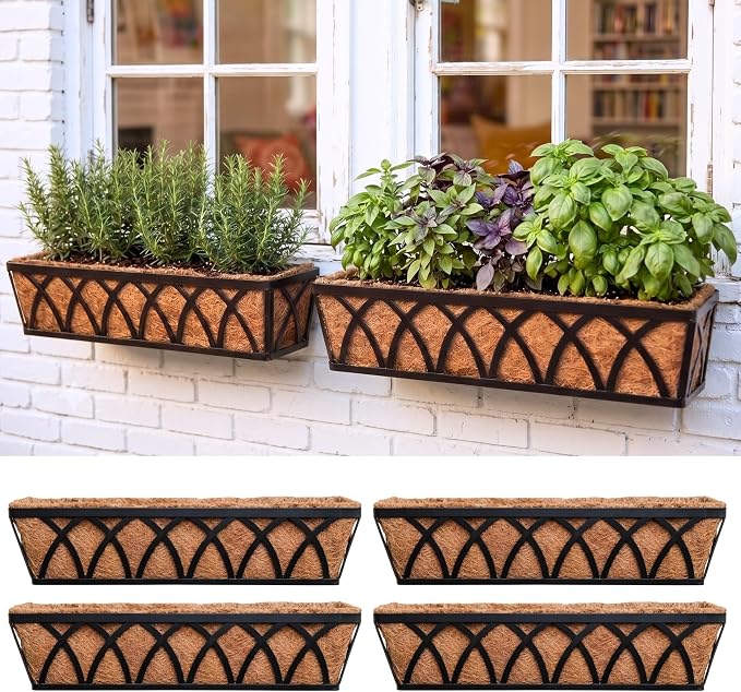 LaLaGreen Wall Planter (4 Pack, 30 Inch) Large Railing Planter Box for Outdoor Plants with Coco Liner, Metal Balcony Flower Basket Deck Rail Railing Fence Window Attach House Horse Trough Fence Porch