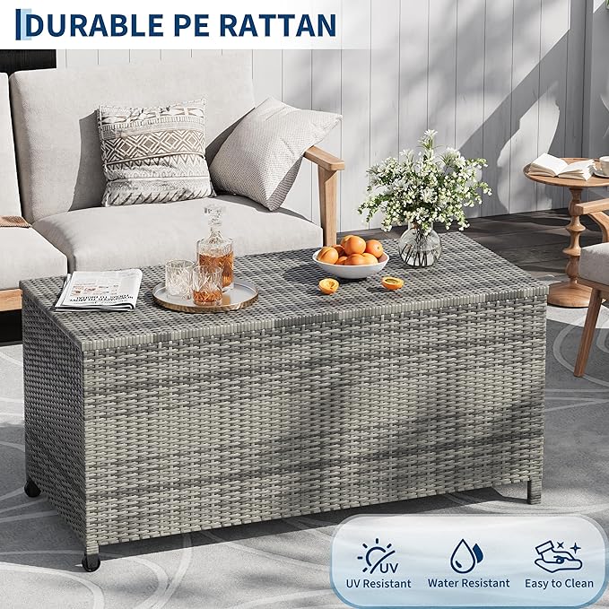 125 Gallon Outdoor Deck Box with Wheels, Waterproof PE Wicker Rattan & Aluminum Frame Storage Bin for Patio Cushions, Garden Tools, Pool Toys, Lockable Patio Furniture(Gray)