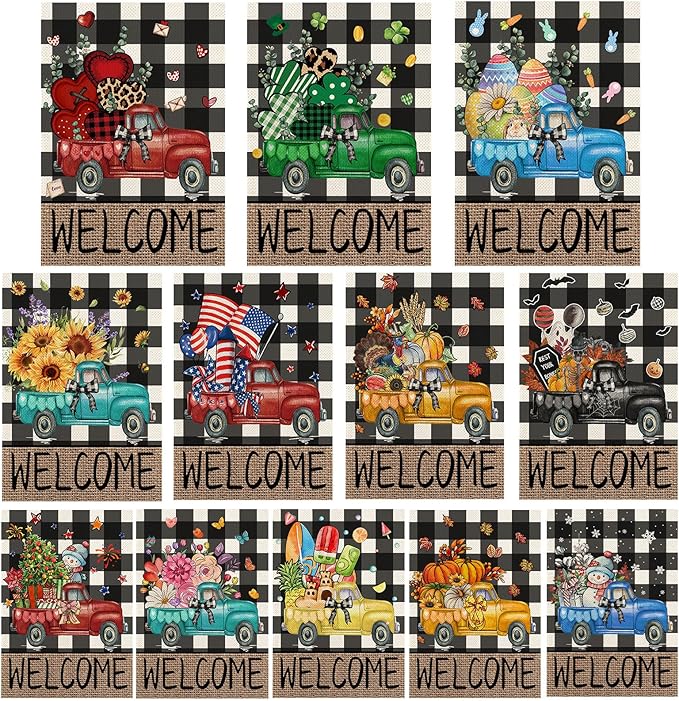 Rustic Truck Buffalo Plaid Garden Flags for Outside Set of 12, Welcome Seasonal Garden Flags 12x18 Double Sided, Car Holiday Lawn Flags, Winter Spring Outside Decorations for Yard
