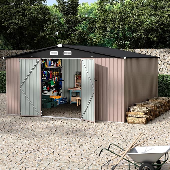 12x12 FT Outdoor Metal Storage Shed, Garden Tool Metal Shed with Lockable Doors & Vents, Large Waterproof Tool Shed for Backyard Garden Patio Lawn