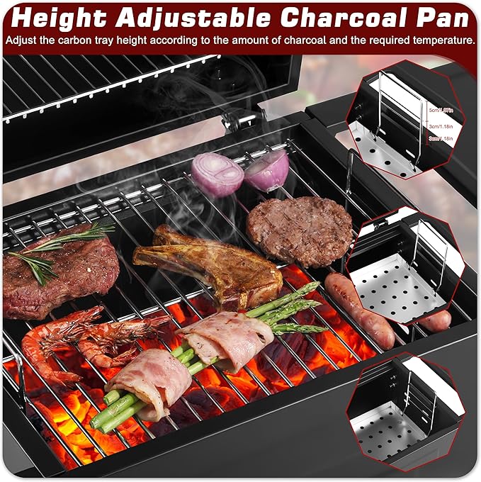Small Charcoal Grill, 200.82 Sq.In Outdoor BBQ Grill with Side Tables, Built-in Thermometer, 3-Level Adjustable Charcoal Pan, Removable Ash Tray, Compact Patio Grill with Wheels