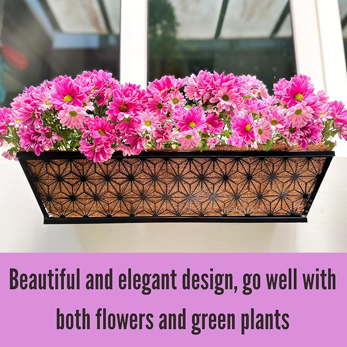 LaLaGreen Window Boxes Planter for Outdoor Plants (2 Pack, 24 Inch) Black Metal Rectangular Flower Pot Wall Planters with Coco Liner, Modern Stylish Horse Trough Deck Railing Rail Balcony Patio Fence
