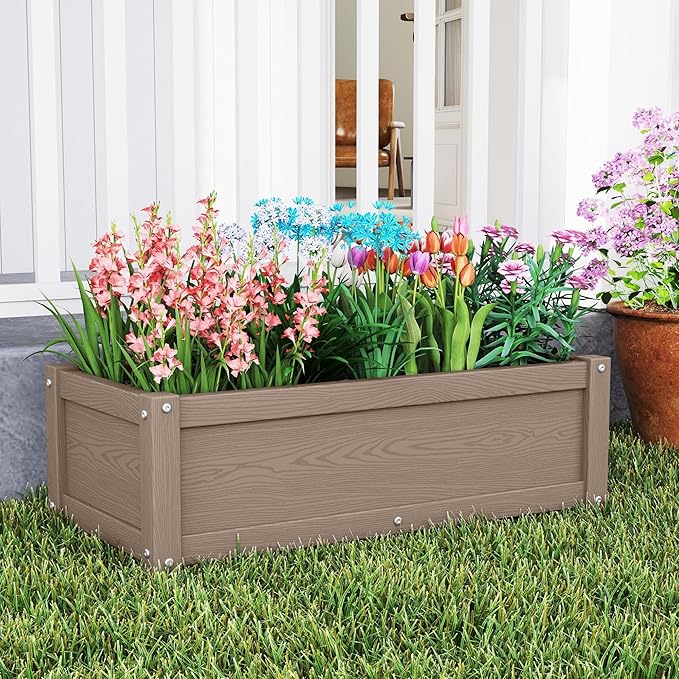 HDPE Raised Planter Box Outdoor,Rot-Resistant and Non-Cracking,Small Raised Beds for Gardening 29.5 * 14.4 * 9.8 in for Yard,Lawn,Outdoor Planter Boxes Rectangle with Drainage Holes Brown