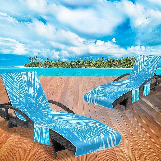 Lounge Chair Towel Cover (Pack of 2), Tie Dye Style Chaise Lounge Cover, Beach Chair Covers with Pockets for Pool Beach Garden Courtyard Outdoor Trips, 85 x30 in, Sky Blue