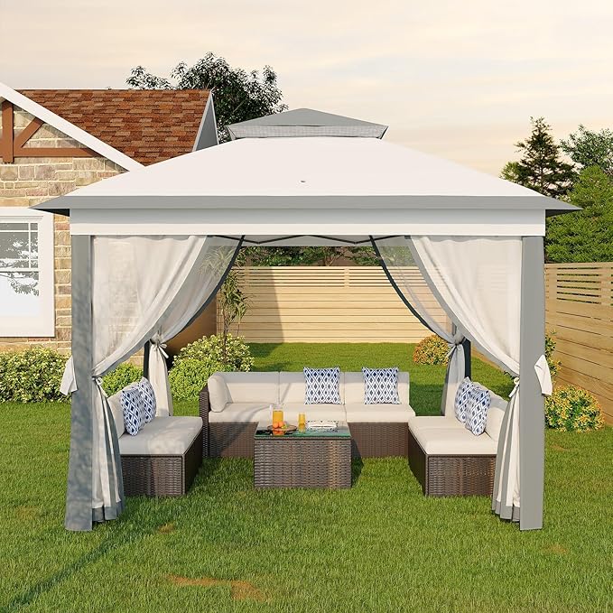 GarveeLife 11'x11 Pop-Up Gazebo, Instant Outdoor Canopy Tent with Mosquito Nettings, Durable Steel Frame, Water, and UV Proof, for Patio, Garden, Courtyard, Party (Grey)