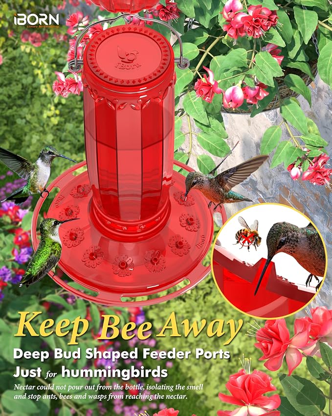 iBorn Hummingbird Feeders for Outdoors Hanging with Ant Moat for Hummingbird Feeder Glass 12 Ports for 16oz Hummingbird Nectar, Red Glass, Pack of 2