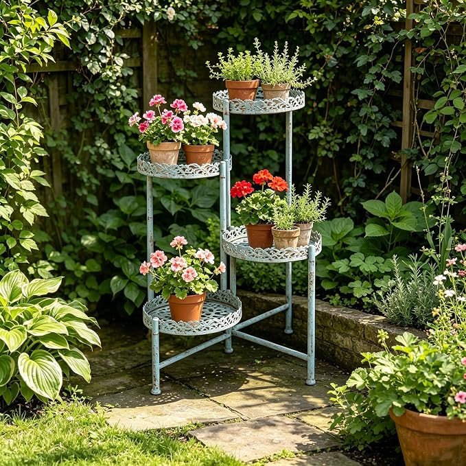 4-Tier Vintage Distressed Blue Metal Plant Stand, Foldable Corner Flower Pot Holder Shelf for Indoor Outdoor, Rustic Plant Rack for Patio Porch Garden Balcony Living Room