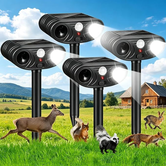 4 Pack Sonic Fortress Pro Deer Repellent Device Outdoor,Solar Animal Repeller for Garden, Squirrel Fortress Pro with PIR Sensor & Flashing Light for Rabbit Fox Raccoon Coyote Cats Repellent Outdoor