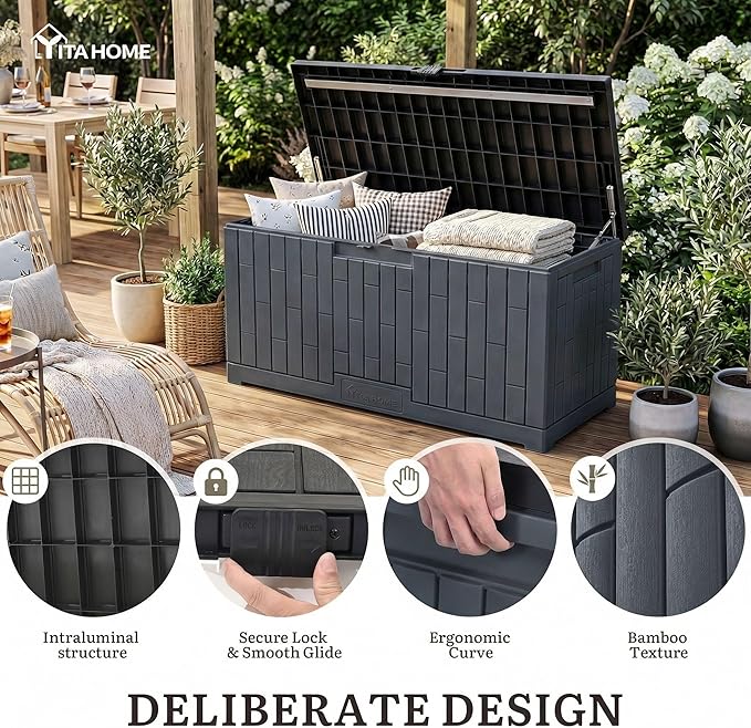 YITAHOME 120 Gallon Large Deck Box, 53"L x 22.7"W x 25.5"H Resin Outdoor Storage Box with Slide-Locking Black Lid for Patio Cushions, Garden Tools, Pool Supplies, Easy Assembly, Waterproof, Dark Gray