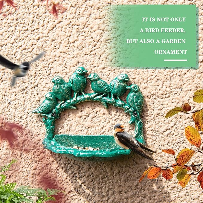 Sungmor Cast Iron Wall Mounted Bird Feeder, Cute Bird Decor Small Water Bath, Wall Hanging Fence Mount Bird Bath Feeder, Beautiful Green Birdfeeder for Garden Backyard Patio Wall Decoration