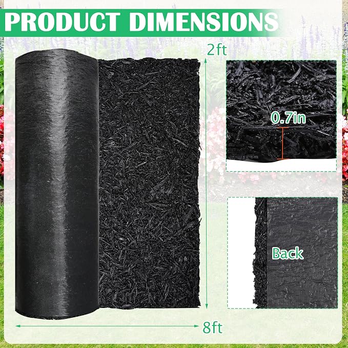 8' x 2' Recycled Rubber Mulch Mat Roll, Permanent Mulch Walkway Pathway, Garden Edging Border for Plants, Vegetables & Flower, Reusable Rubber Mat for Landscaping, Outdoor and Playground