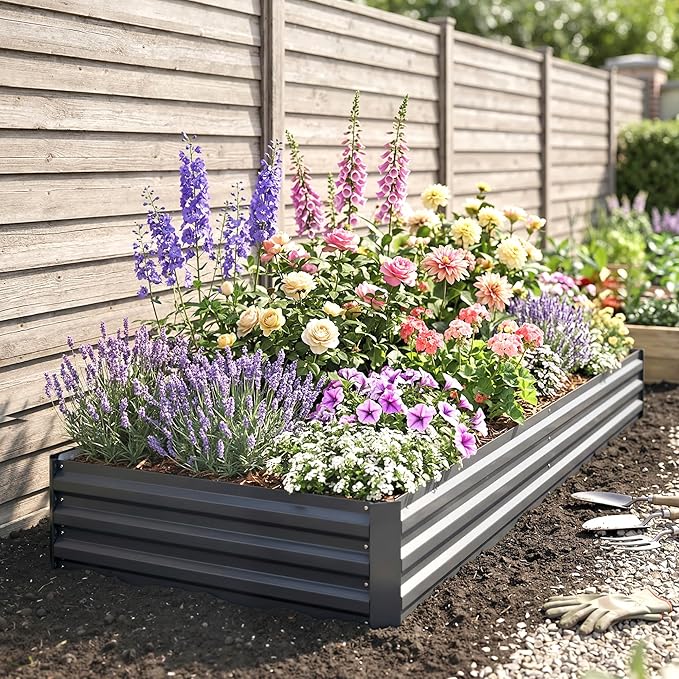 Outsunny Galvanized Raised Garden Bed, 8' x 3' x 1' Metal Planter Box, for Growing Vegetables, Flowers, Herbs, Succulents, Gray
