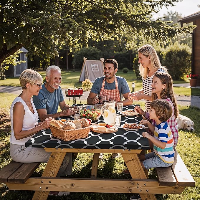 Fitted Picnic Table Cover with Chair Covers Elastic Water Resistant Camping Tablecloth for 6 Foot Rectangle Tables Garden Patio Outdoor Organization Road Trip Hiking Motorhome Essential Gift
