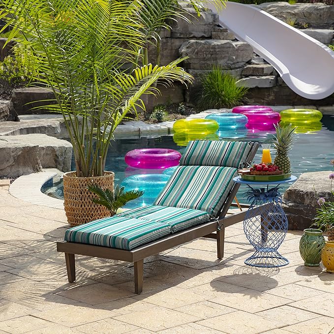 Arden Outdoor Chaise Cushion, 21 in x 72 in, Weather-Proof, Rain-Proof, Fade Resistant Patio Cushion for Chaise Lounger Teal Cobalt Stripe