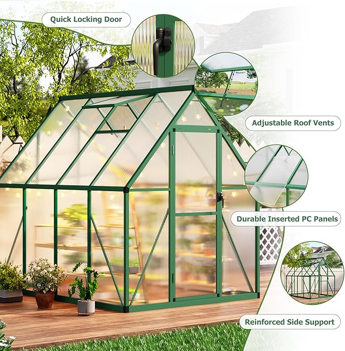 CABIHOME 6x7 FT Outdoor Greenhouse, Polycarbonate Greenhouse with Roof Vent and Ground Nails, Aluminum Large Walk-in Green House w/ Lockable Push Door for Outside Garden Backyard (Green, 6x7 FT)