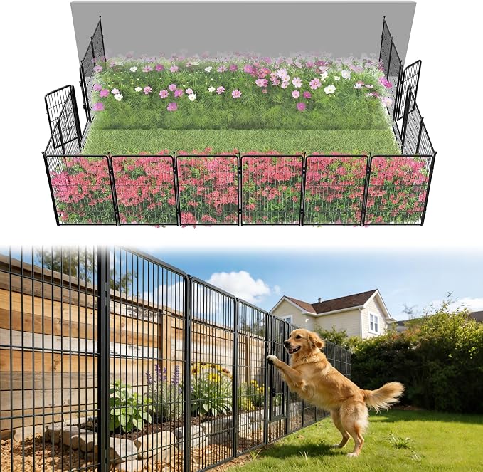 FXW Garden Fence Outdoor for the Yard – 40in(H) x 36.4ft(L) Heavy Duty Metal Animal Barrier for Dog, No Dig Decorative Dog Fence, 16 Panels, Black