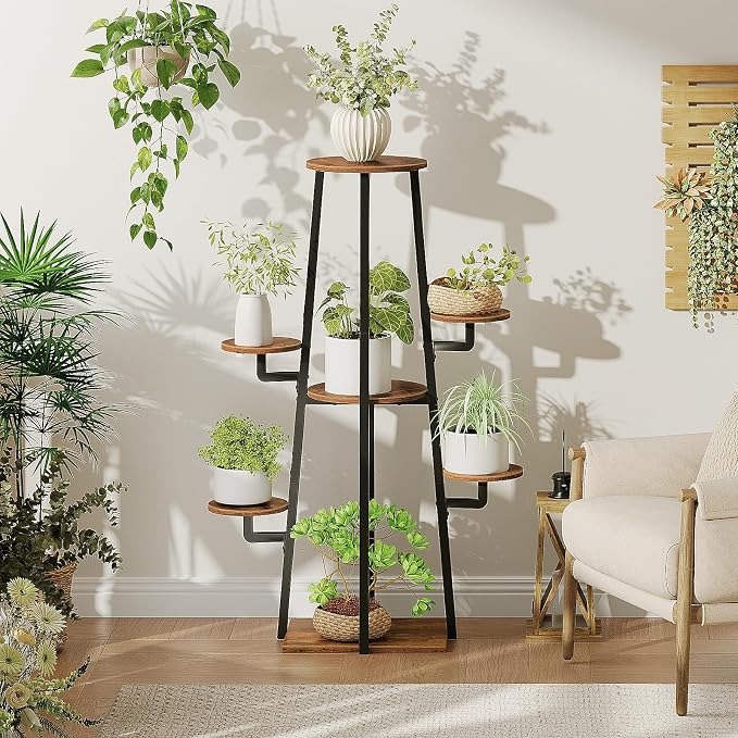 HOOBRO Plant Stand Indoor with Grow Lights, 7-Tier Plant Shelf for Multiple Indoor Plants, 47.2" Corner Plant Stand Organizer with Metal Frame, for Living Room, Balcony, Patio, Rustic Brown BF04DHJ01