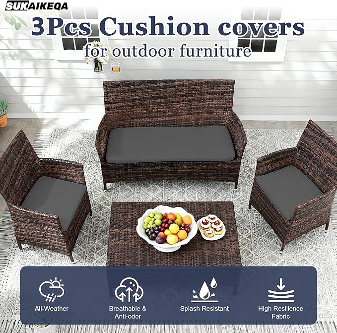 Waterproof 3-Piece Patio Sofa Cushion Cover Set - Replacement Covers for Outdoor Wicker Furniture, Bench & Seat Cushions