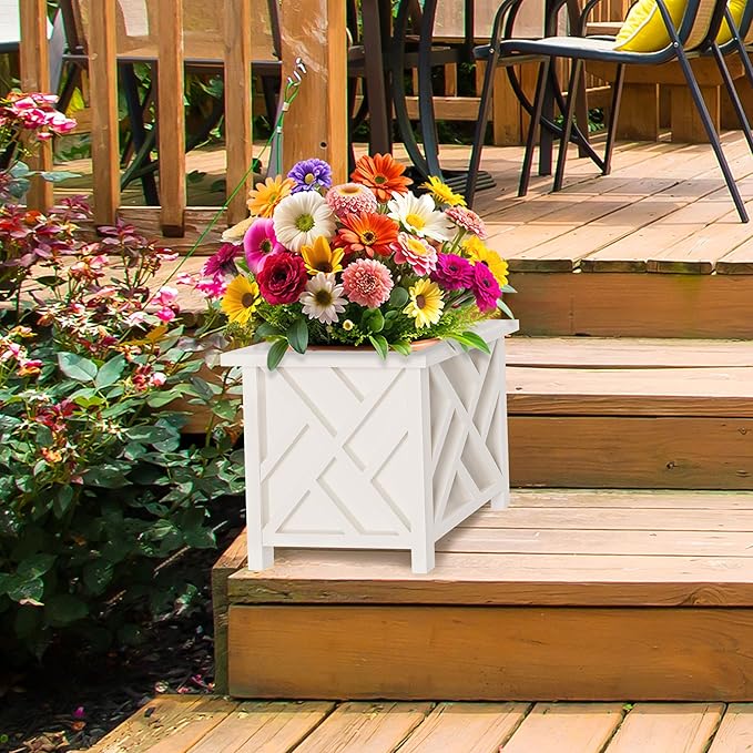 Lattice Design Outdoor Planter Box - 14.75” Square 13” Tall White Plant Pot - Decorative Plant Pots for Front Porch Decor - Flower Pots Outdoor Planters for Porch Patio or Garden Decor by Pure Garden