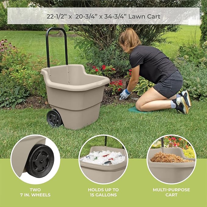Suncast 2-Pack Multipurpose Rolling Lawn and Garden Utility Cart, 15 Gallon, Taupe - Outdoor Storage Carts with Wheels - Gardening Accessories, Tools, and Equipment