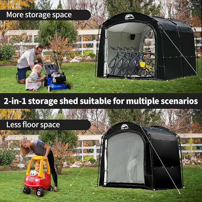 Happy Travel Bike Storage Shed Tent, Waterproof Portable Bicycle Cover with 30% More Top Storage Space for 2/3/4/8 Bikes,Clips Easy Setup Outdoor Sheds Shelter for Motorcycle, Garden Tools, Lawn Mower