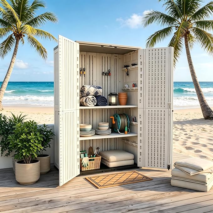 Outdoor Storage Shed 66 cu.ft, Waterproof Resin Vertical Cabinet Double-Layer for Patio Furniture, Garden Tools, Lawn Mower, Pool Accessories, UV Resistant for Yard Balcony – Shelves Not Included