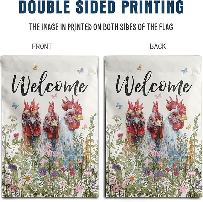 Floral Chicken Garden Flag 28x40 Double Sided Flower Rooster Farmhouse Yard Flag for Outside Welcome Decor