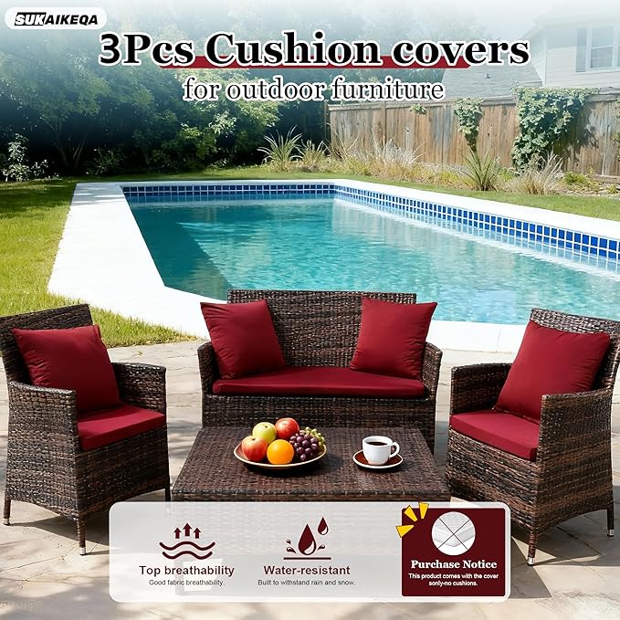 Waterproof 3-Piece Patio Sofa Cushion Cover Set - Replacement Covers for Outdoor Wicker Furniture, Bench & Seat Cushions with 4pcs Throw Pillow Cover