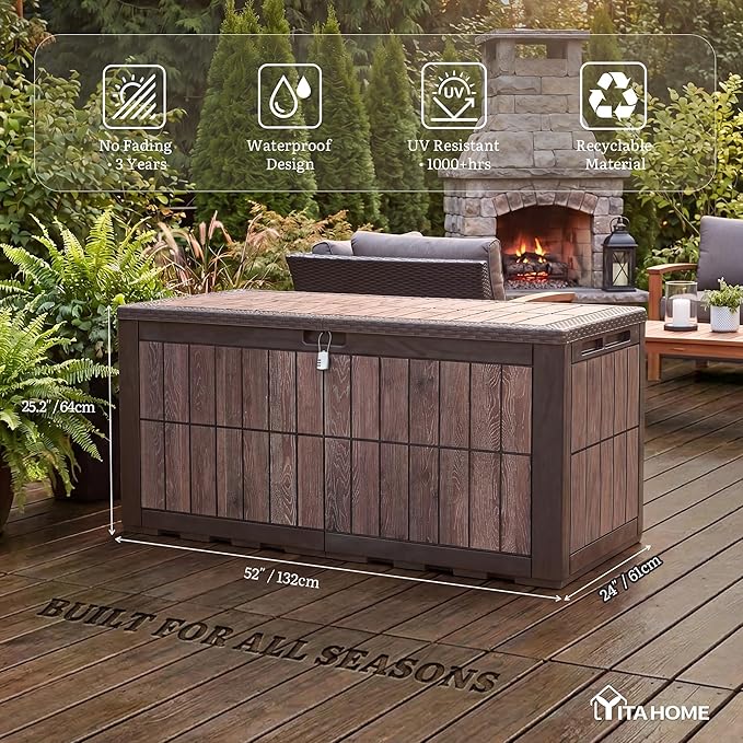 YITAHOME 134 Gallon Large Deck Box, Waterproof Resin Outdoor Storage Box with Lock, Doubles as Bench Seating for Patio Furniture Cushion, Garden Tools &Pool Accessories, Dark Brown & Wood-Grain Brown