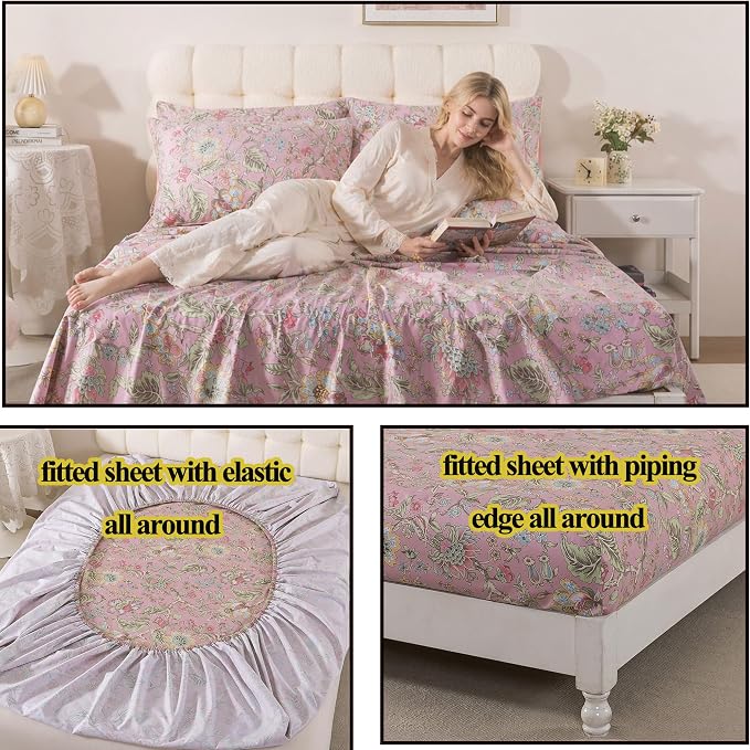 FADFAY Full Sheet Set 4Pcs 100% Egyptian Cotton Bed Sheets Deep Pocket Soft Breathable Vintage Misty Pink French Country Bedding Shabby Cottagecore Floral Bedding Luxury Hotel Quality for All Seasons