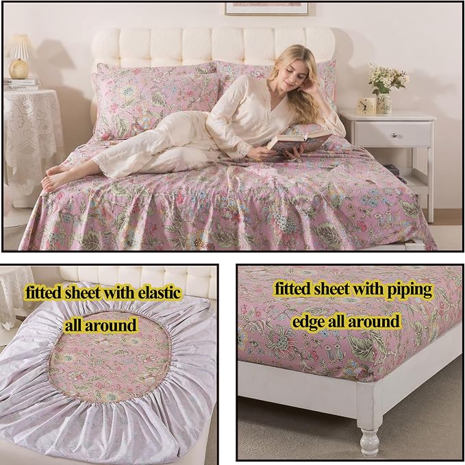 FADFAY Twin XL Sheets Set 4Pcs Pink Floral College Bedding 100% Egyptian Cotton Dorm Room Bedding, Soft Cooling Breathable Dorm Sheets Extra Long with Deep Pocket Luxury Hotel Quality for All Seasons