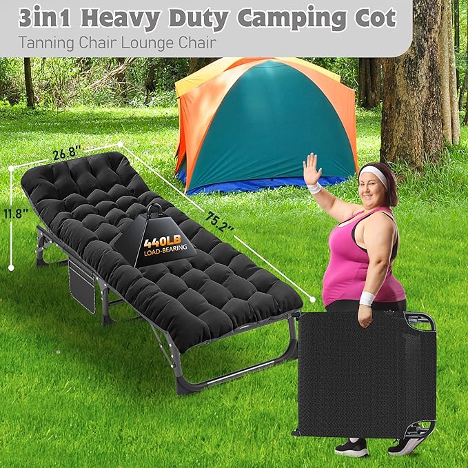 ABORON 2PK Oversized Chaise Lounge Chair,5 Positions Padded Outdoor Tanning Chair,Heavy Duty Portable Chair for Sunbathing Patio Pool Lawn Deck Poolside,Support up to 440 Lbs, Deep Black-2 Set