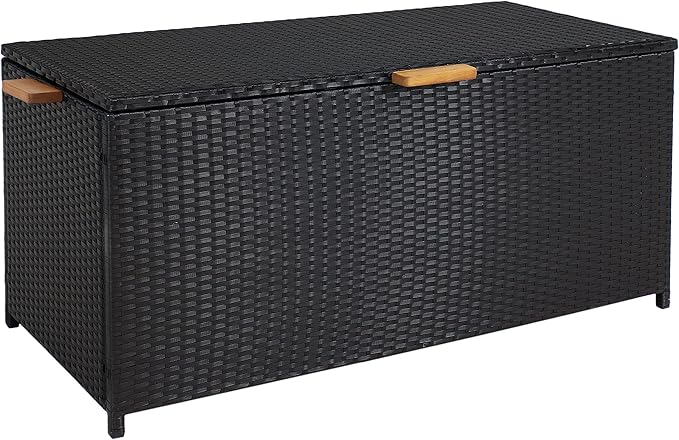 Sunnydaze Faux Wicker Storage Box - Outdoor Deck Box with Handles - 75-Gallon Front Door Package Delivery Box with Hinged Lid - Black