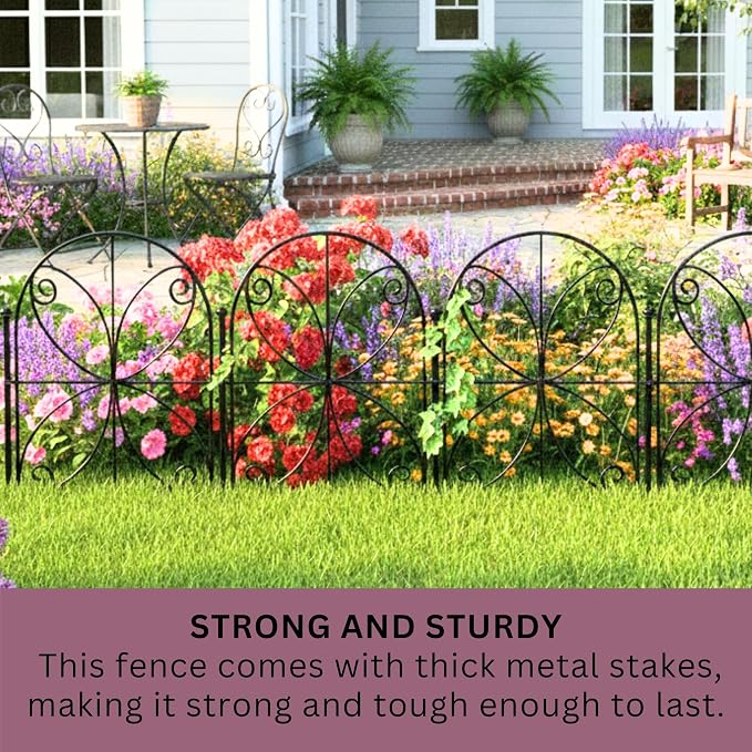 ShopLaLa Bundle- 10 Pack,16.5 Inch Decorative Garden Fence + 2 Pack, 16 Inch Metal Basket with Coco Liner Railing Fence Strawberry Plant Box Flower Bed Rustproof Landscape Edging Outdoor Garden Border