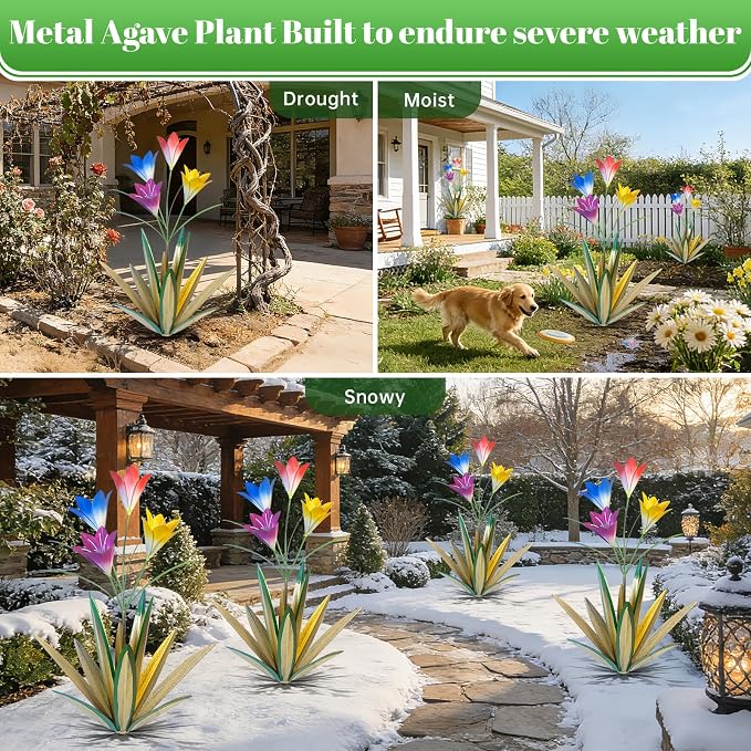 TOMBABY 32.28 Inch Metal Agave Plant Outdoor Decoration Lily Mexican Yard Art Garden Gift Home Decor Hand Painted Metal Agave Garden Yard Statue (1pc, Grass Green)