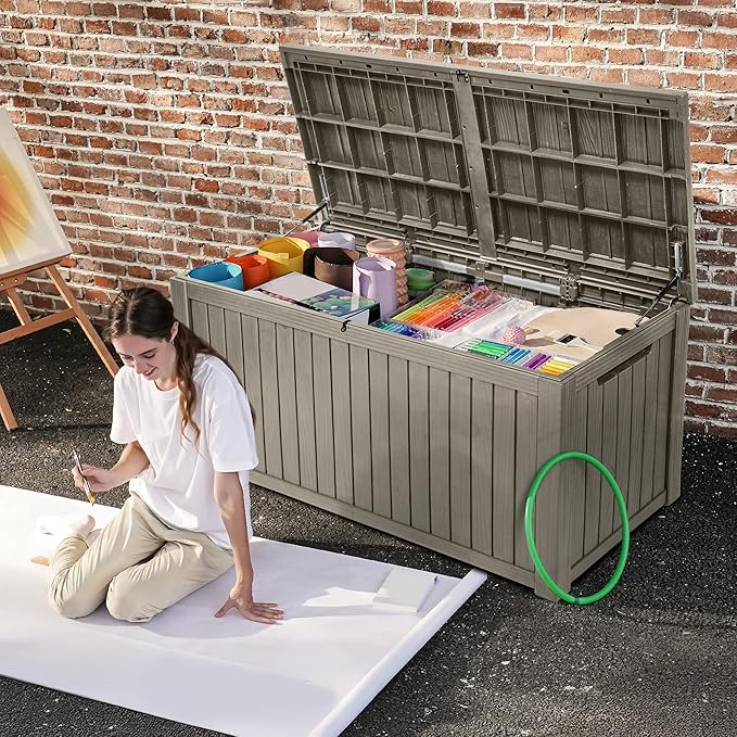 DWVO 220 Gallon Extra-Large Patio Deck Box, Waterproof Resin Outdoor Storage Box with Removable Divider for Patio, Garden, Pool, Furniture and Tools, Light Brown