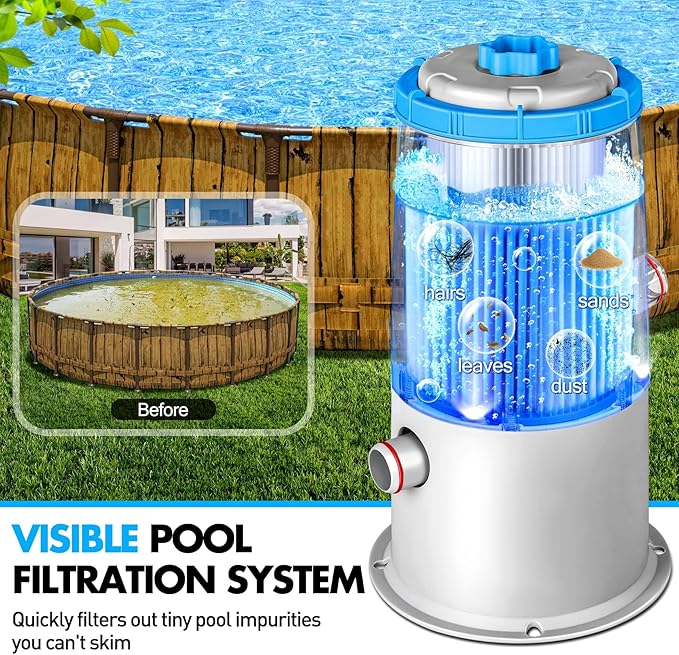 KimPump 1000 GPH Light-Up Pool Filter Pump for Above Ground Pool|Built-in Blue LED Light,Transparent Housing for Real-Time Water Circulation &Filtration Monitor, Pool Cartridge Filter Pump System Cyan