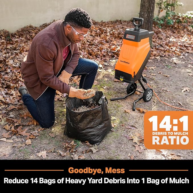 LawnMaster FD1503 Electric Wood Chipper Shredder 15-Amp 1.8-Inch Cutting Diameter Max 14:1 Reduction