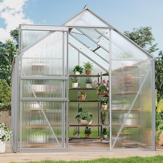 6x8FT Greenhouse for Outdoors, Walk-in Polycarbonate Greenhouse with Sliding Door, Adjustable Roof Vent & Gutter System, Portable Outdoor Green House Kit for Winter Gardening