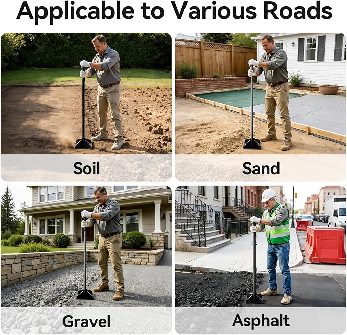 Heavy Duty Steel Tamper, 48" Handle Tamper with Comfortable Rubber Grip, 10×10" Garden Tamper Tool for Soil, Gravel, Asphalt & Lawn