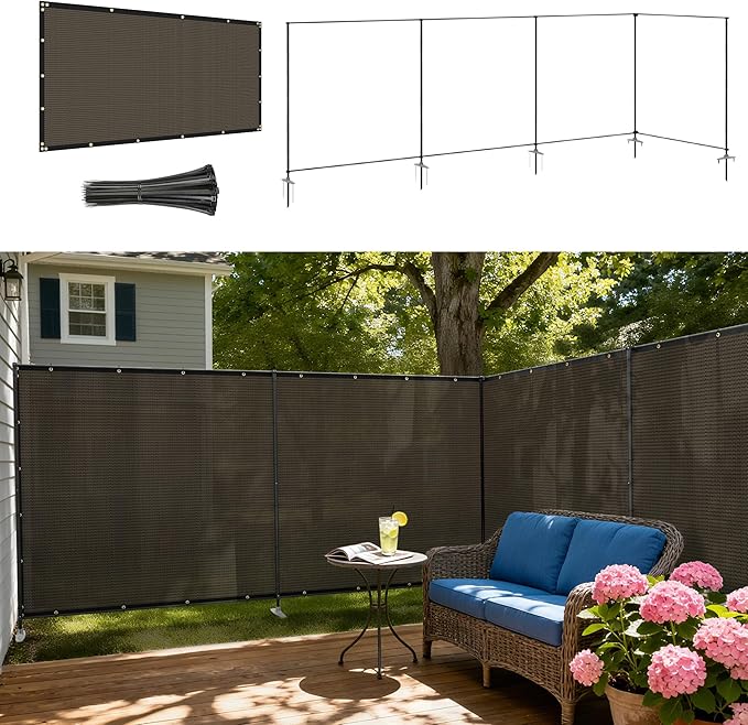 Windscreen4less Outdoor Privacy Fence Screen, 6'x29' Freestanding Privacy Fencing Set with Iron Poles and Ground Spikes, UV Resistant Mesh Cover Garden Pet Fencing for Backyard Patio Pool, Brown