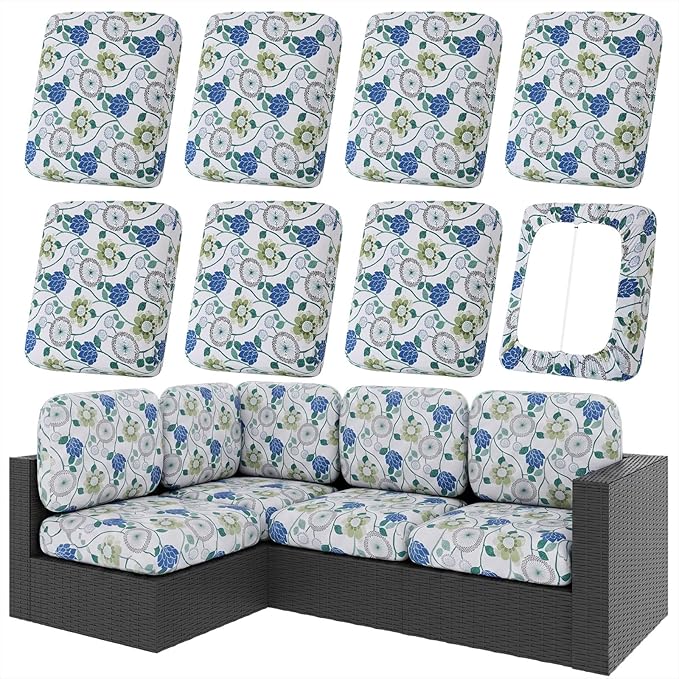 hyha 8Pcs Patio Cushion Covers, Stretch Outdoor Couch Cushion Covers, Washable Outdoor Chair/Sofa Slipcovers for Patio Furniture Cushions Protector with Elastic Bottom(Botanical Bloom,Cover Only)