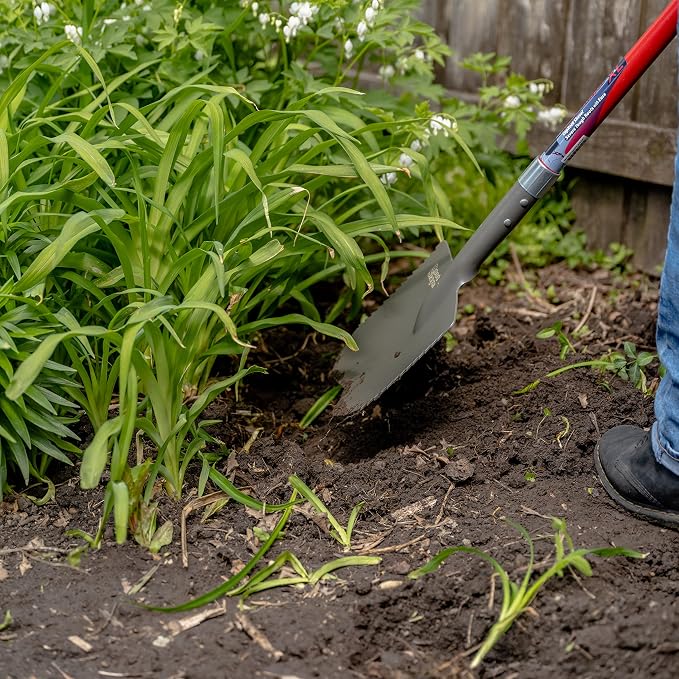 Root Slayer 23011 XL Caprock Garden Shovel for Digging Tough Soil and Roots, Fiberglass Shaft, Steel Spade Tool, Red