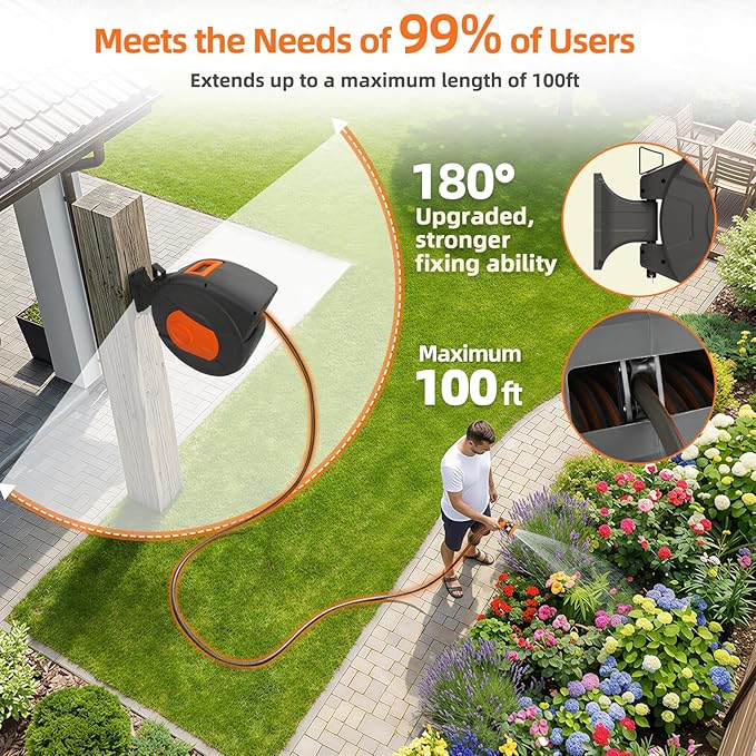 Retractable Garden Hose Reel 100 FT, 1/2" Heavy Duty Garden Hose 435 PSI Burst Pressure, Wall Mounted Water Hose Reel with 10-Pattern Nozzle, 180° Swivel, Slow Auto Rewind & Any Length Lock